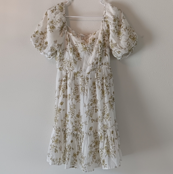 Blu Pepper Modest Square Neck Puff Sleeve White Green Toile Floral Mini Dress L - Picture 7 of 13